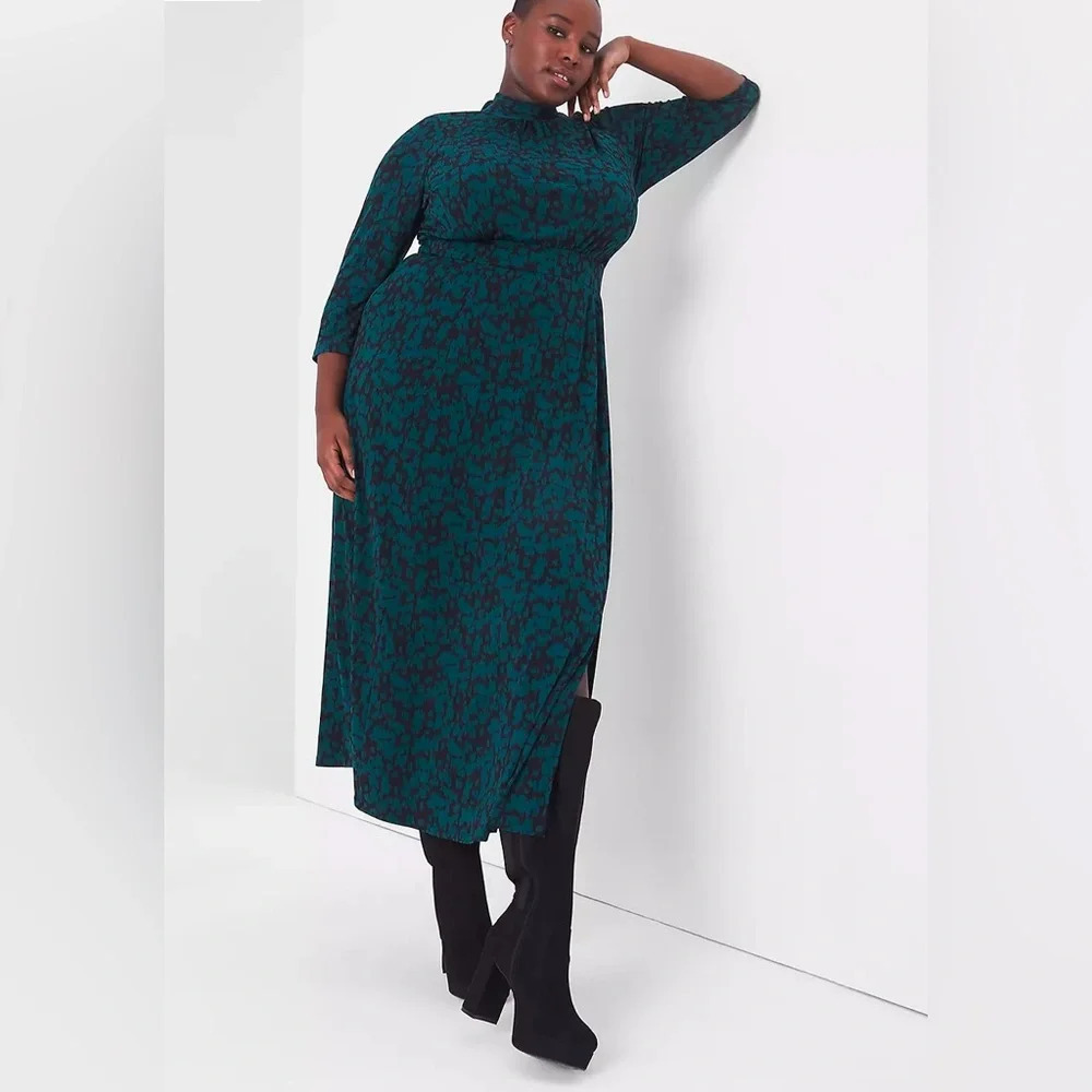 Lane Bryant Tie-Neck Open Back Midi Dress in Green and Black Print Size 18/20